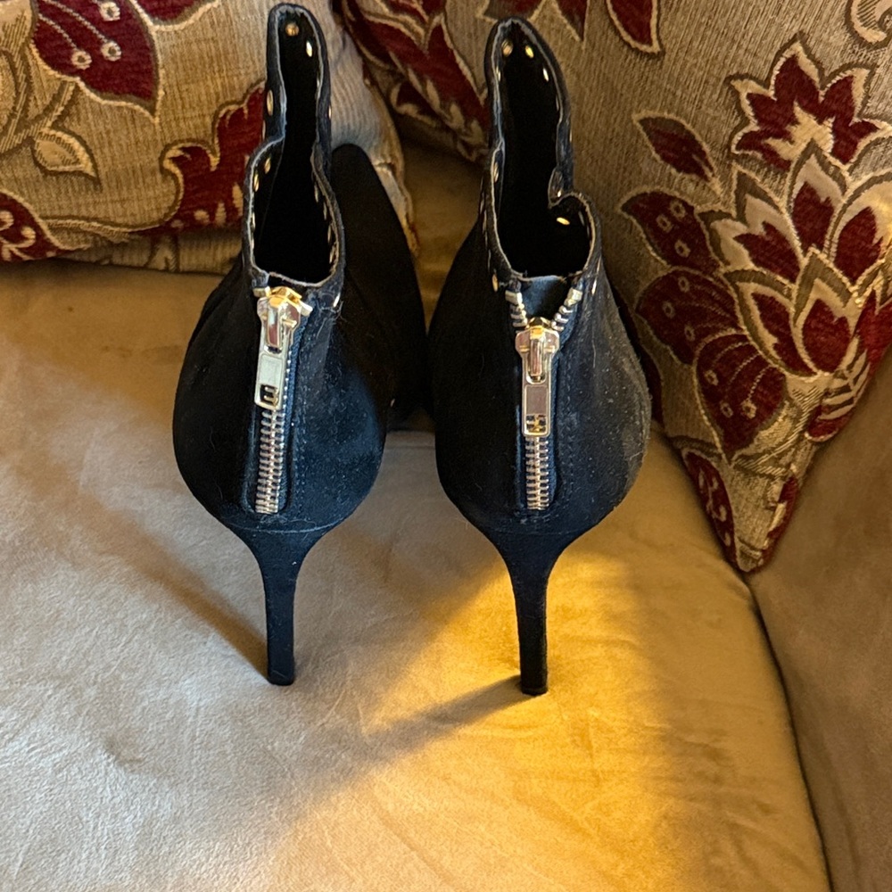 3/$15 Izabella Rue Suede Black Stiletto Heeled Ankle Boots with Gold Accents - Picture 4 of 6